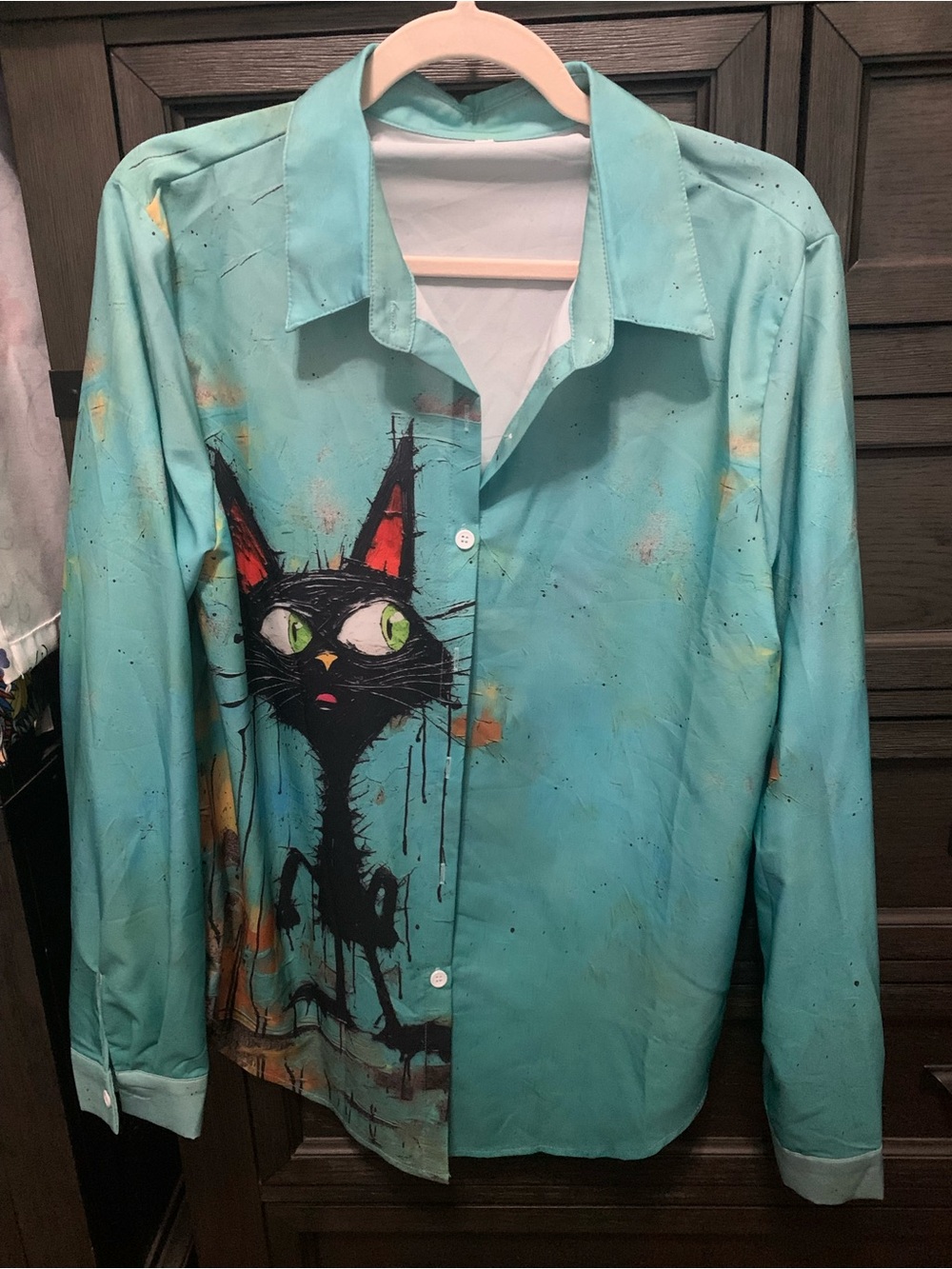 Turquoise Button-Up Shirt with Playful Black Cat Graphic